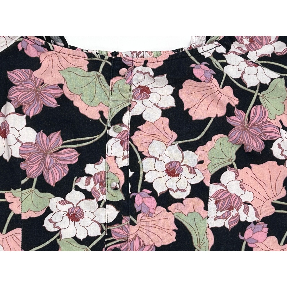 Who What Wear Womens Large Floral Linen Blend Puff Sleeve Smocked Crop Top Black - Picture 6 of 7